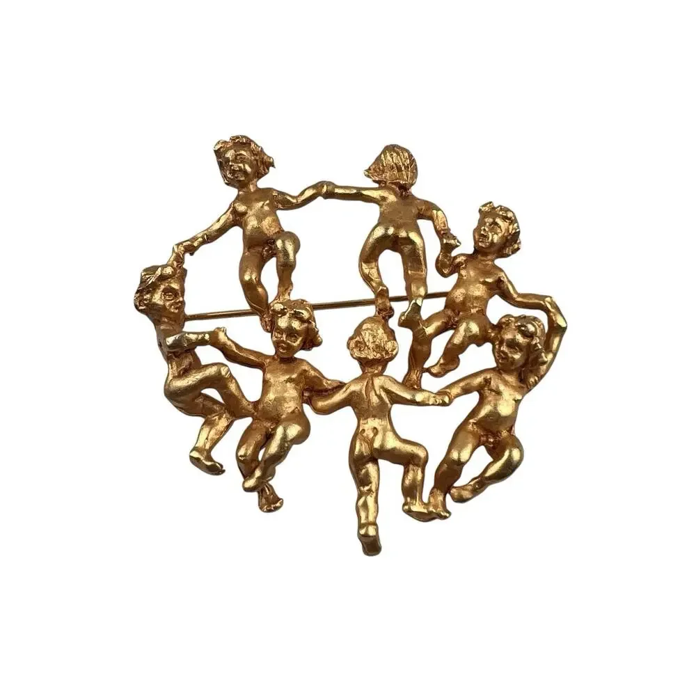 Brushed Gold Tone Vintage Cherubs Brooch